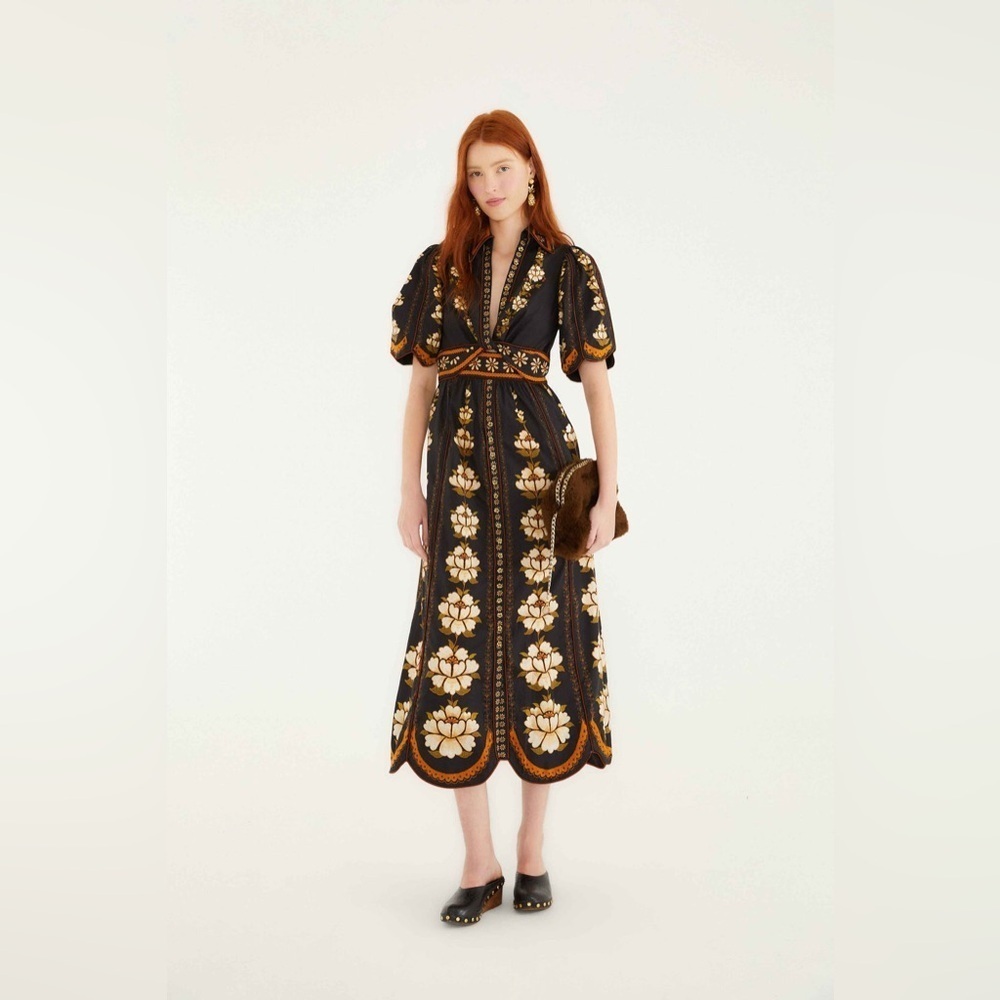 Farm Rio: Black Bold Flowers Organic Cotton Midi Dress - Picture 1 of 12